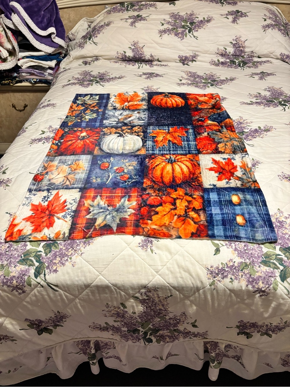 Autumn Patchwork Pumpkin Throw Blanket - Orange & Blue  39”Lx29”W